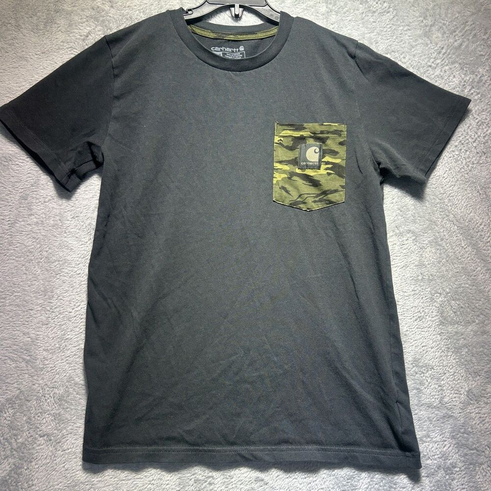 Carhartt Shirt Boys 10-12 Gray Camo Pocket Logo Crew Neck Cotton Tee Back Print